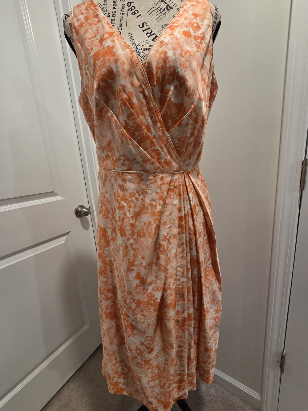 Talbots Orange and Cream Surplice Tie-Detail Midi Dress